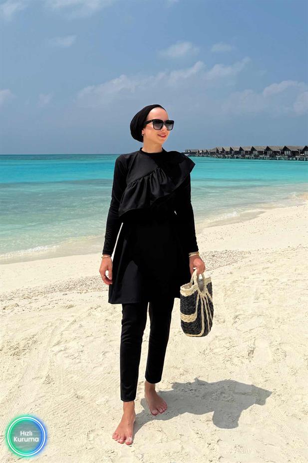 Fırfır Detay Tesettür Mayo - Siyah