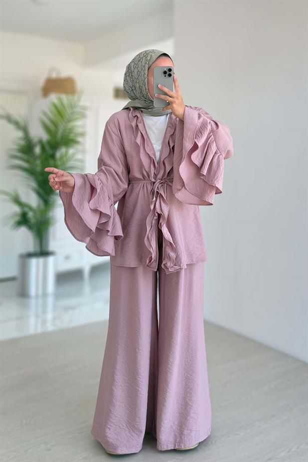 Fırfır Detaylı Volan Kollu Takım - Pembe