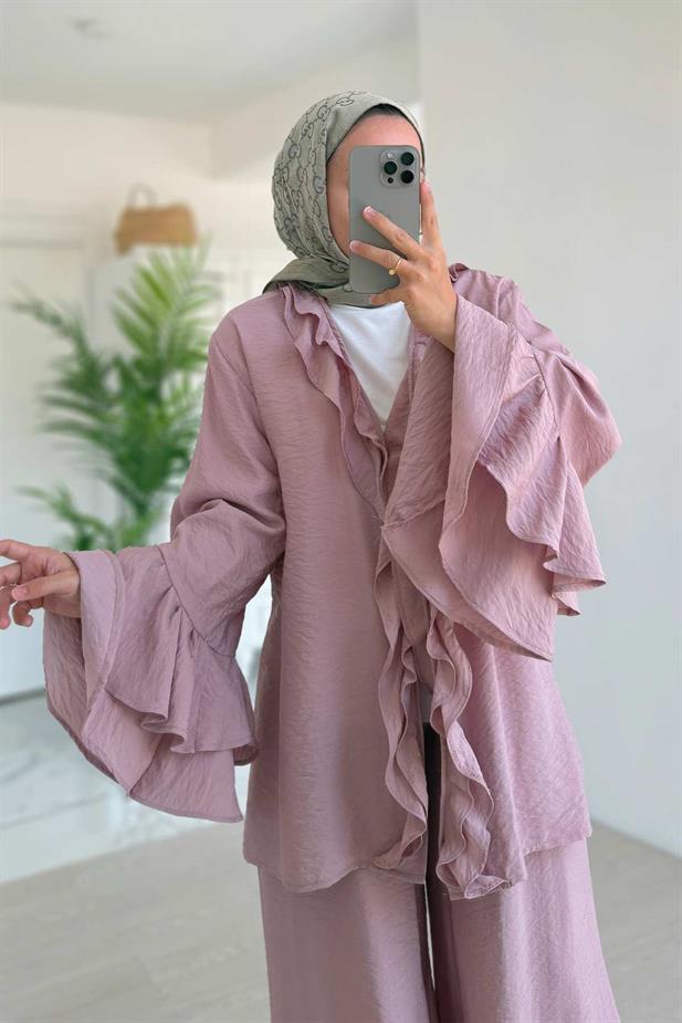 Fırfır Detaylı Volan Kollu Takım - Pembe
