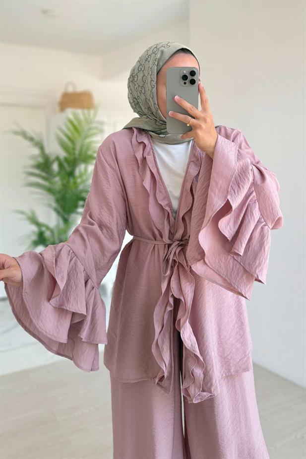 Fırfır Detaylı Volan Kollu Takım - Pembe