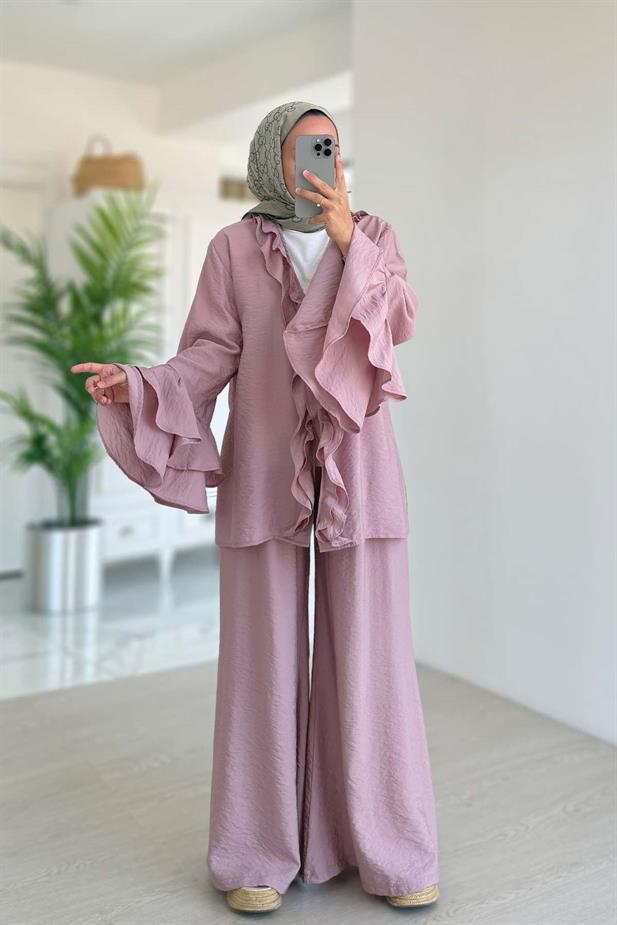 Fırfır Detaylı Volan Kollu Takım - Pembe