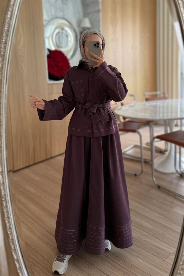 Geniş Kol Etekli Kot Takım - Bordo