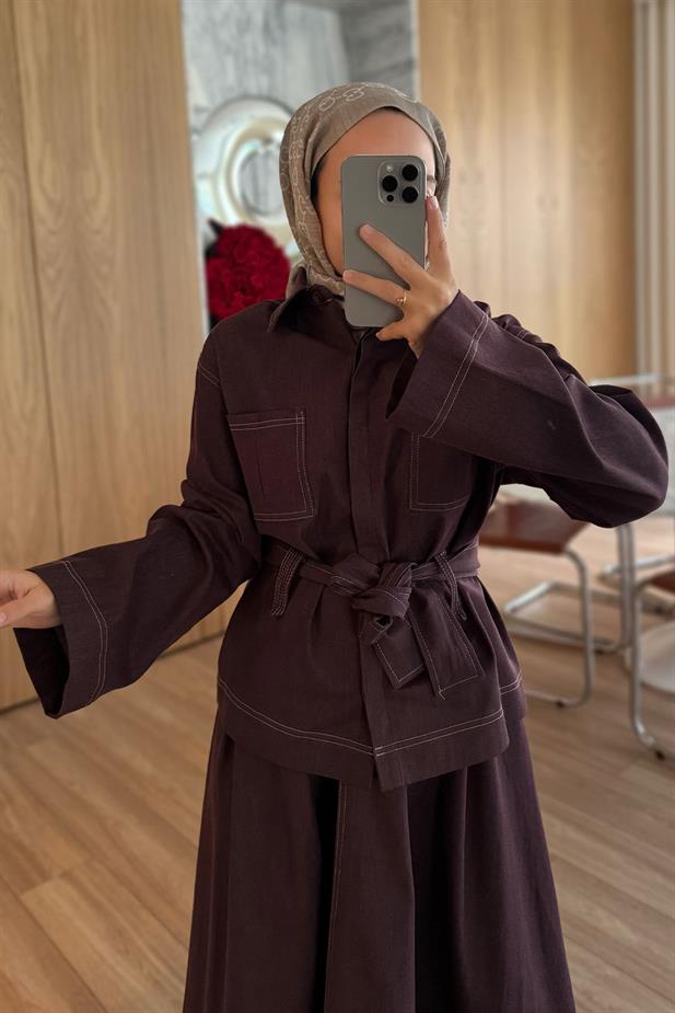 Geniş Kol Etekli Kot Takım - Bordo