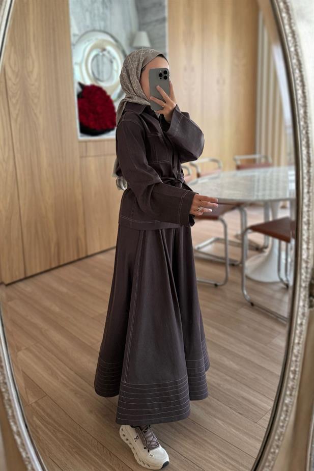 Geniş Kol Etekli Kot Takım - Kahverengi