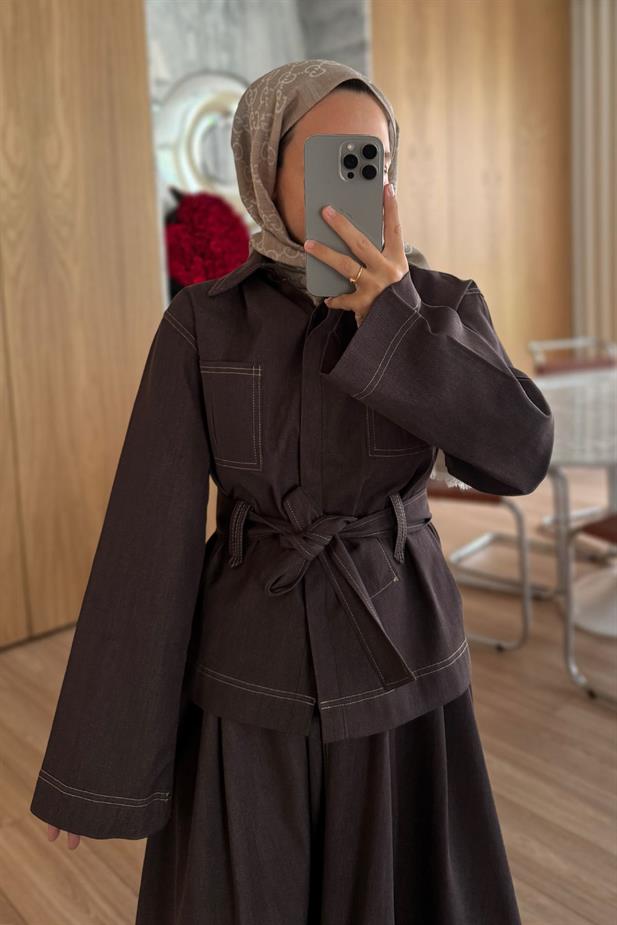 Geniş Kol Etekli Kot Takım - Kahverengi