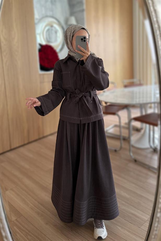 Geniş Kol Etekli Kot Takım - Kahverengi