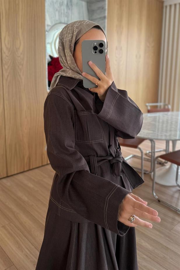 Geniş Kol Etekli Kot Takım - Kahverengi