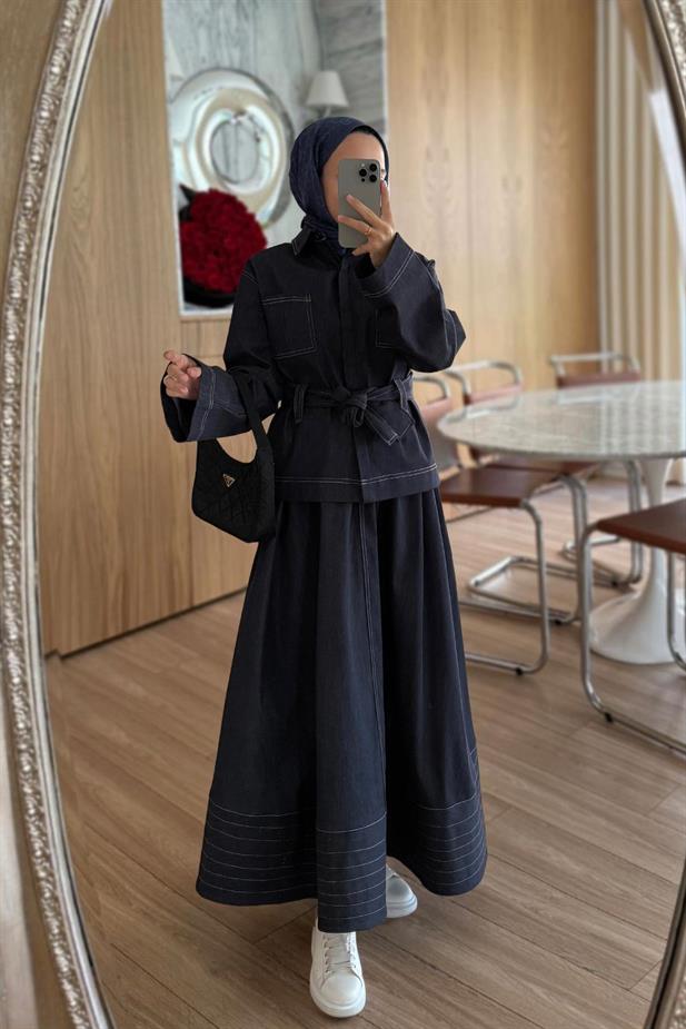 Geniş Kol Etekli Kot Takım - Lacivert