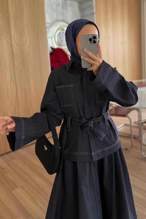 Geniş Kol Etekli Kot Takım - Lacivert