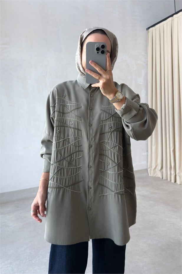 Geometrik İşleme Oversize Gömlek - Haki