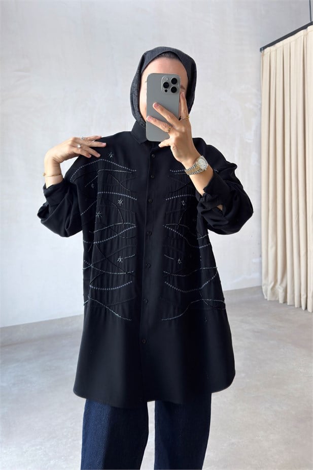 Geometrik İşleme Oversize Gömlek - Siyah