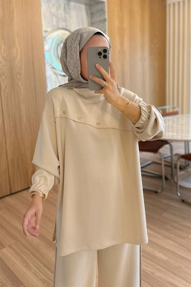 Gold Düğme Detay Modal Takım - Bej