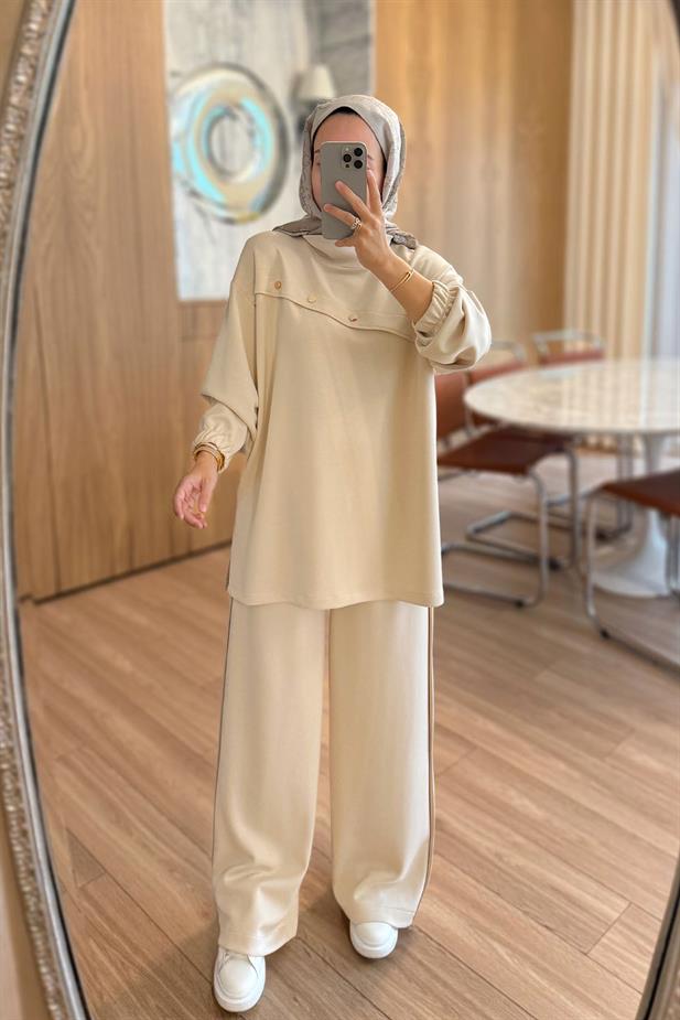 Gold Düğme Detay Modal Takım - Bej