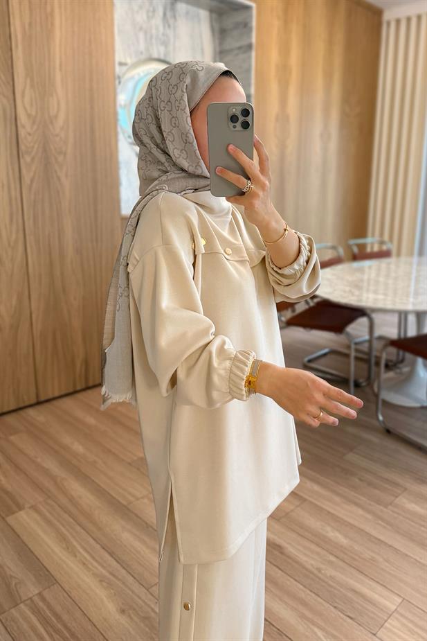 Gold Düğme Detay Modal Takım - Bej