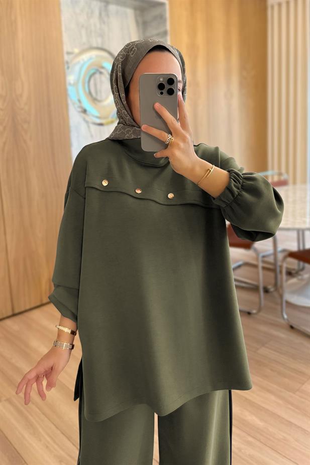 Gold Düğme Detay Modal Takım - Haki