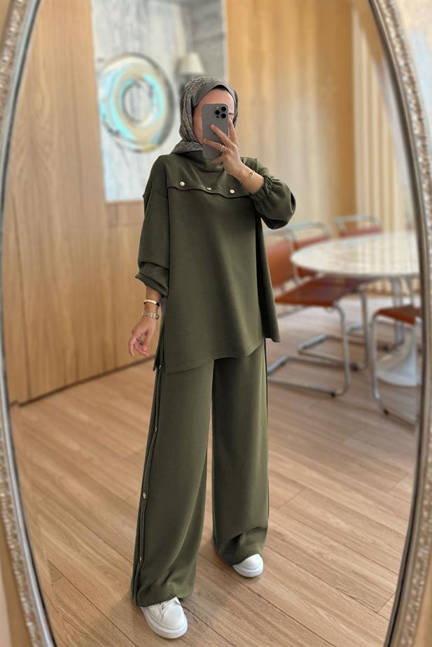 Gold Düğme Detay Modal Takım - Haki