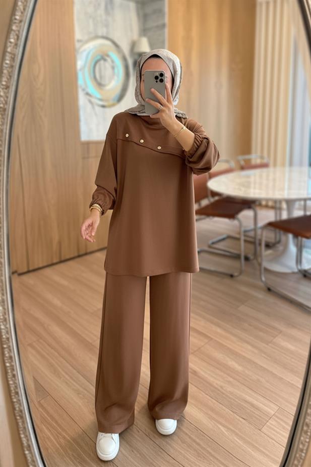 Gold Düğme Detay Modal Takım - Kahverengi