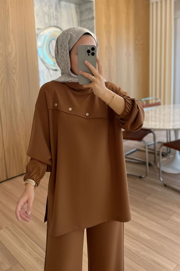 Gold Düğme Detay Modal Takım - Kahverengi