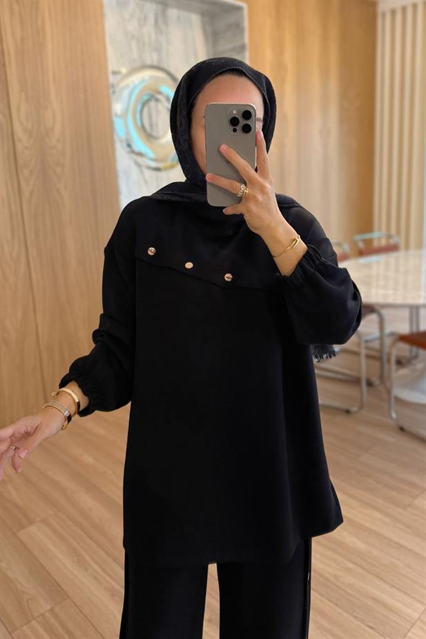 Gold Düğme Detay Modal Takım - Siyah