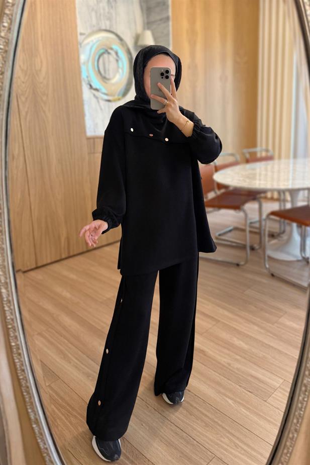 Gold Düğme Detay Modal Takım - Siyah