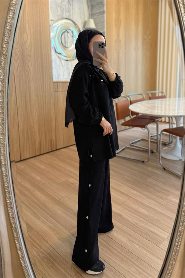 Gold Düğme Detay Modal Takım - Siyah