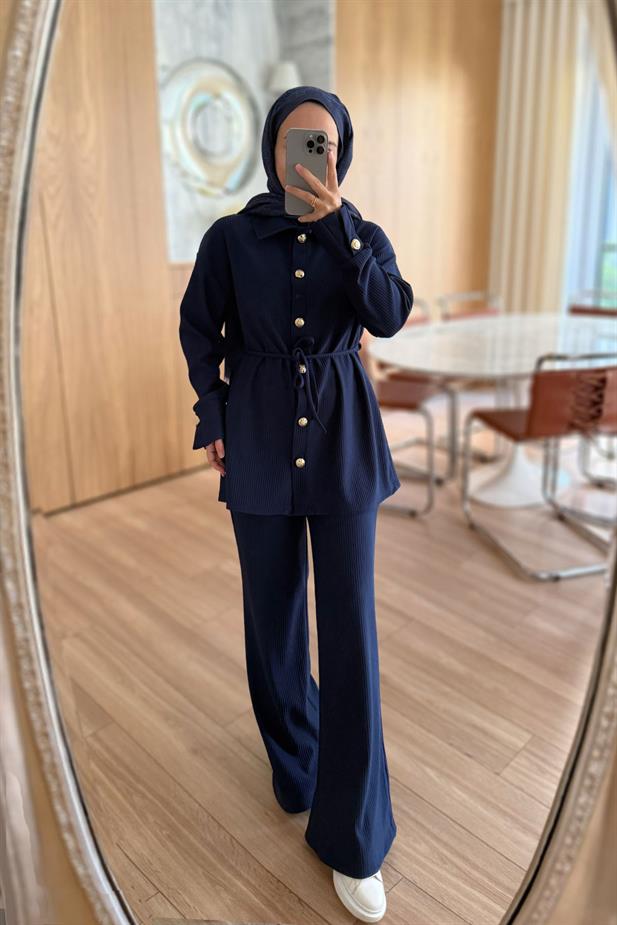 Gold Düğme Detaylı Fitilli Takım - Lacivert