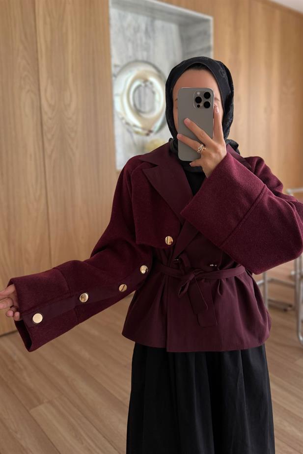 Gold Düğme Kolları Kaşe Trençkot - Bordo