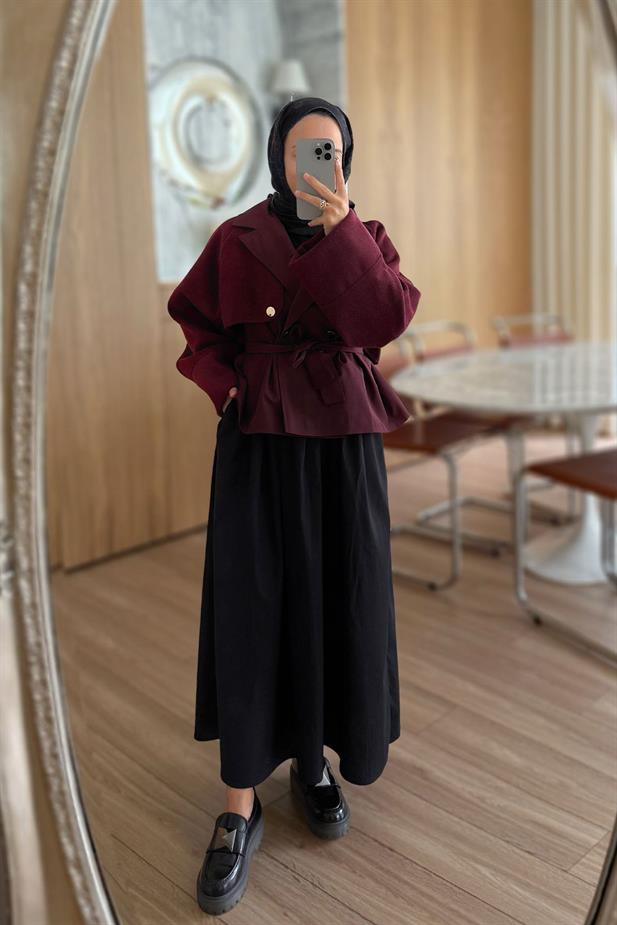 Gold Düğme Kolları Kaşe Trençkot - Bordo