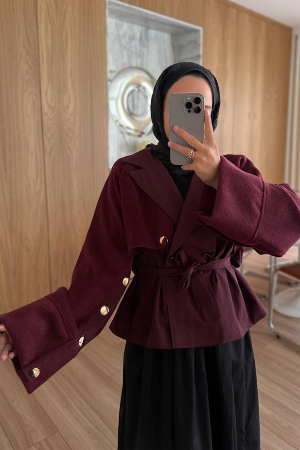 Gold Düğme Kolları Kaşe Trençkot - Bordo