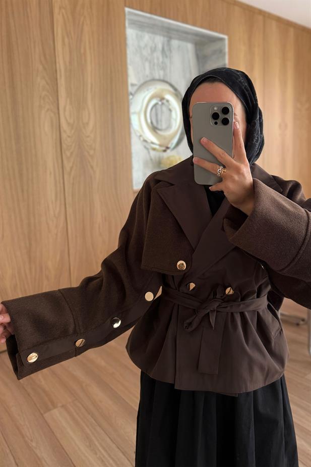 Gold Düğme Kolları Kaşe Trençkot - Kahverengi