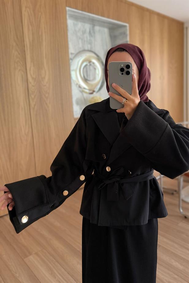 Gold Düğme Kolları Kaşe Trençkot - Siyah