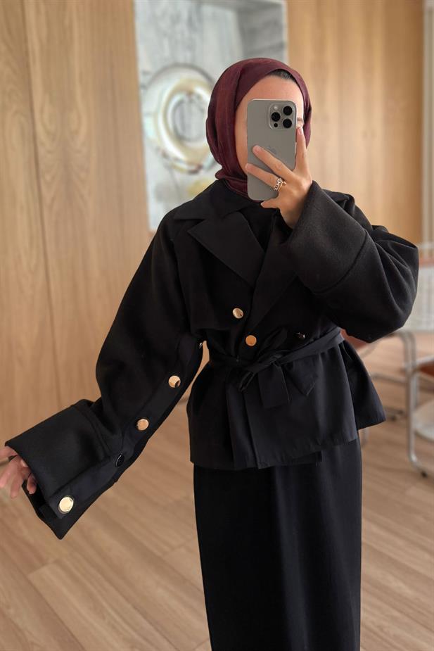 Gold Düğme Kolları Kaşe Trençkot - Siyah