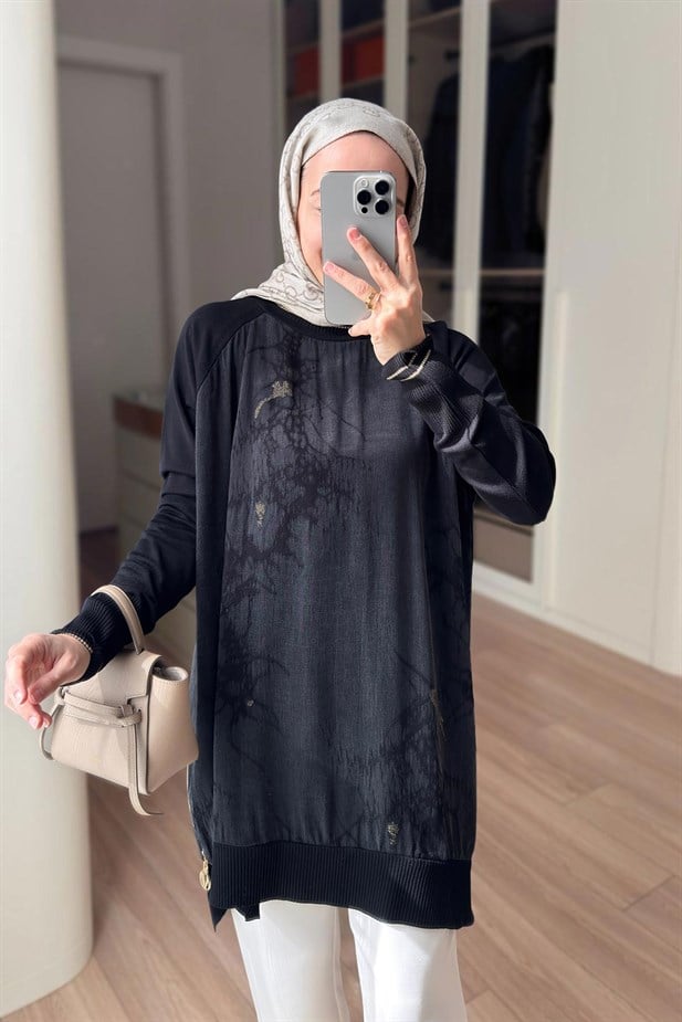 Gold Fermuar İpek Cupra Merserize Tunik - Siyah