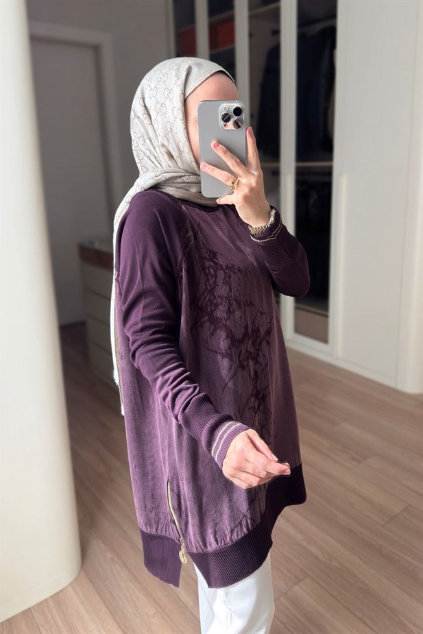 Gold Fermuar İpek Cupra Merserize Tunik - Mürdüm