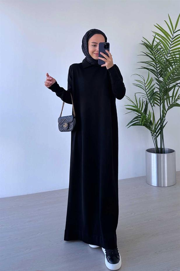 Gömlek Yaka Merserize Elbise - Siyah