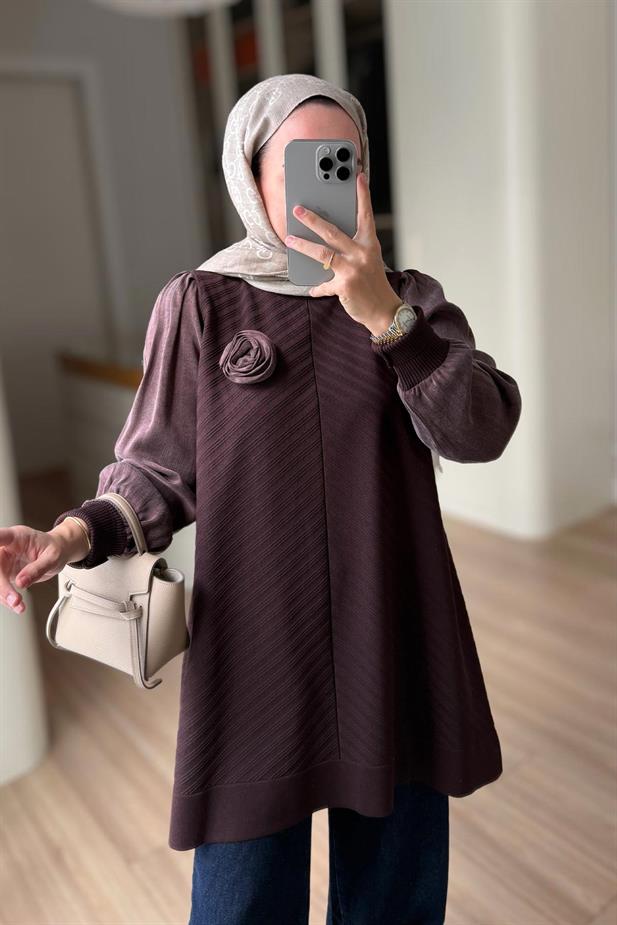 Gül Detay Merserize Tunik - Kahverengi