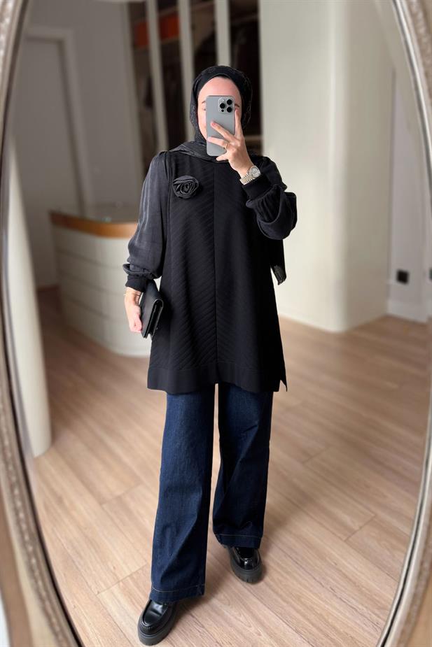 Gül Detay Merserize Tunik - Siyah