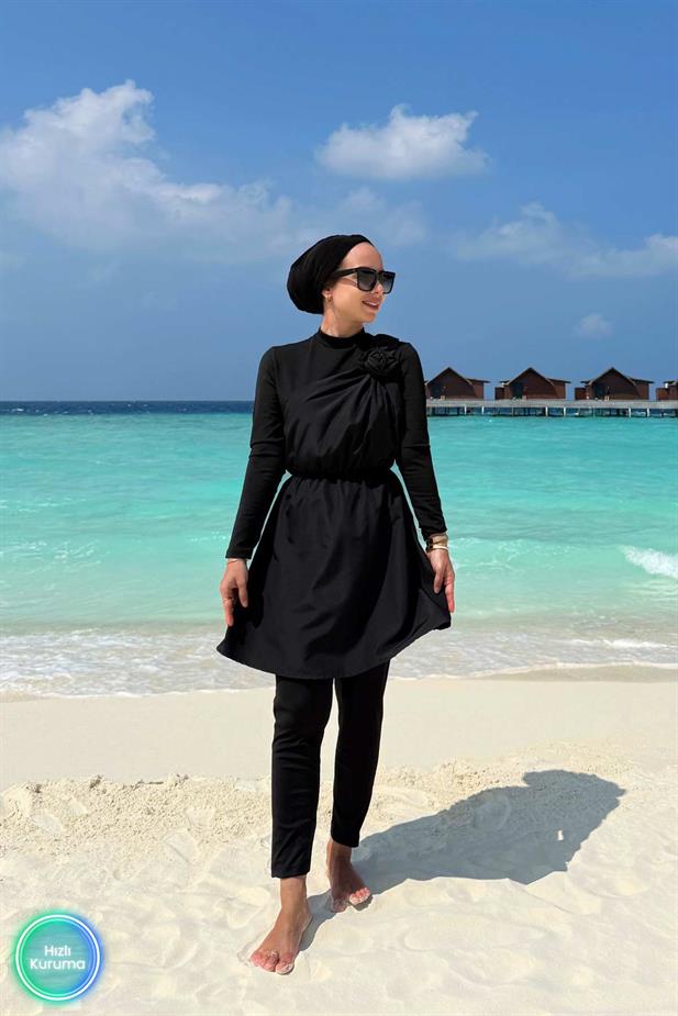 Gül Detay Tesettür Mayo - Siyah