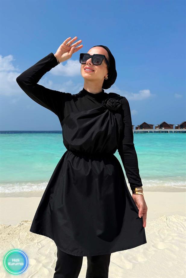 Gül Detay Tesettür Mayo - Siyah