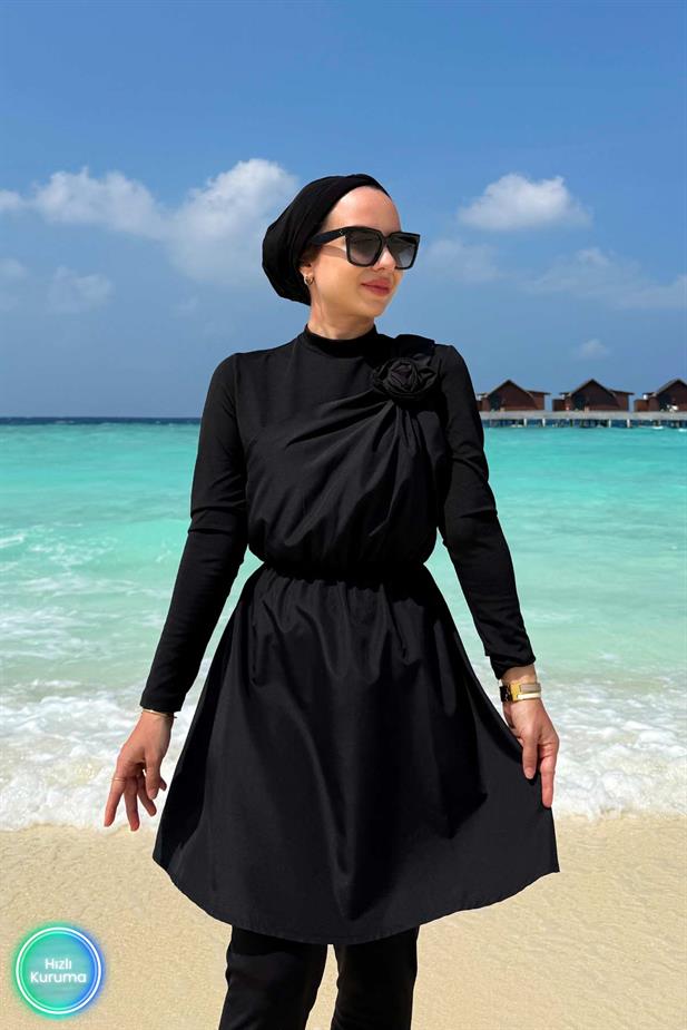 Gül Detay Tesettür Mayo - Siyah