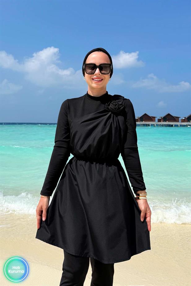 Gül Detay Tesettür Mayo - Siyah