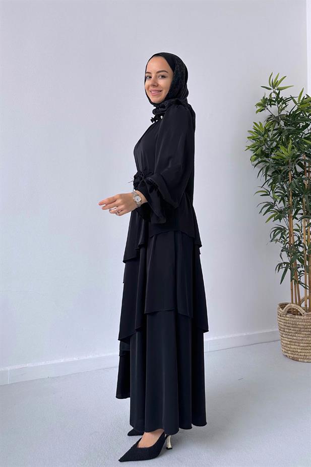 Gül Kemerli Kat Kat Elbise - Siyah