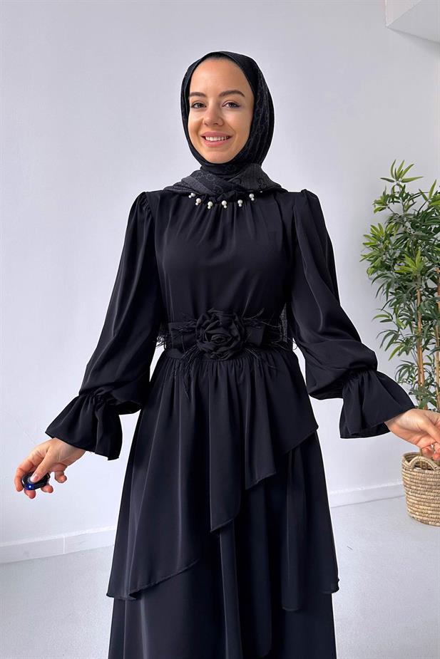 Gül Kemerli Kat Kat Elbise - Siyah
