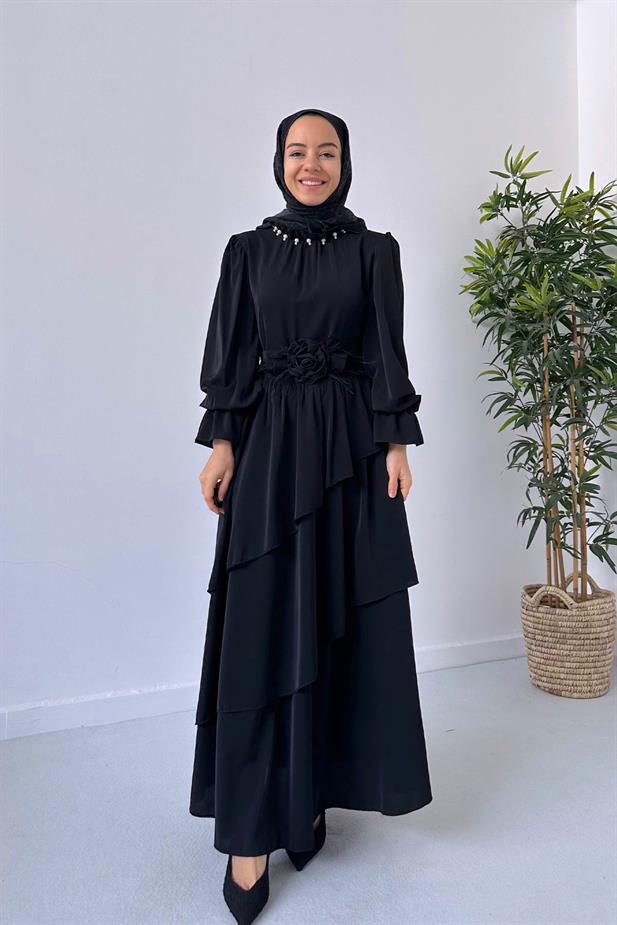 Gül Kemerli Kat Kat Elbise - Siyah