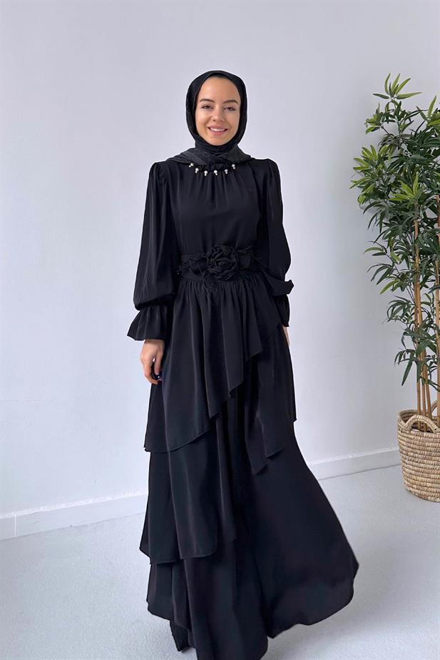 Gül Kemerli Kat Kat Elbise - Siyah