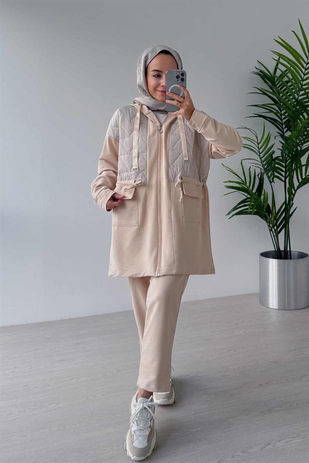 İp Bağlama Çift Cep Kapaklı İki İplik Takım - Bej