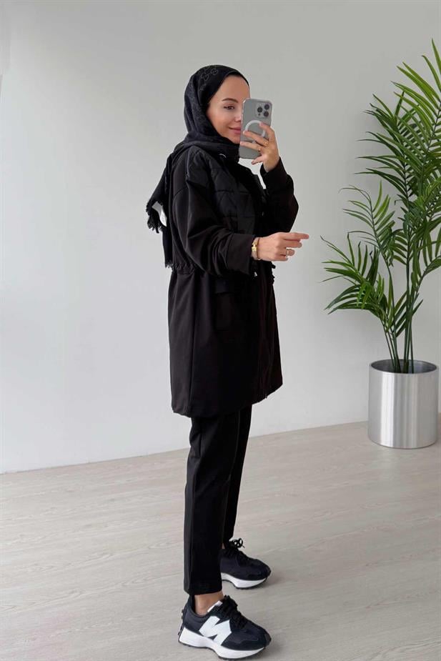 İp Bağlama Çift Cep Kapaklı İki İplik Takım - Siyah