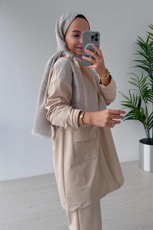 İp Bağlama Çift Cep Kapaklı İki İplik Takım - Bej