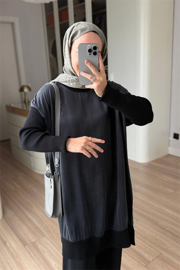 İpek Cupra Merserize Tunik - Siyah