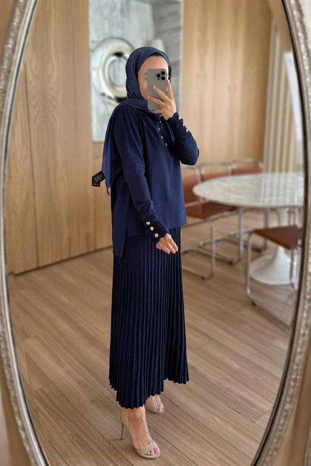 Işıltı Detay Etekli Merserize Takım - Lacivert